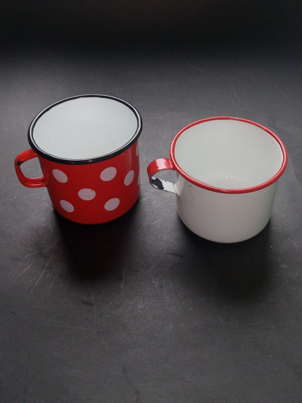 Set of 2 Old Enamel Mugs Red Polka Dots Rustic Farm Kitchen Camping